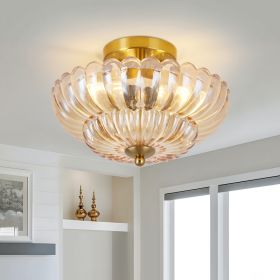 11.8 inch Semi Flush Mount Ceiling Light, 3-Light Close to Ceiling Light Fixtures with Flower Glass, Vintage Ceiling Lights for Hallway Living Room Ki