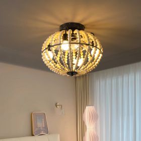 18-Inch Bohemian Wood Beaded Ceiling Fan with Light – Rustic Flush Mount Caged Fan