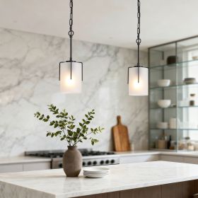 Modern Adjustable Cylindrical Pendant Light, Milky White Frosted Glass & Black Metal Frame, E26 Base, Compatible with Flat/Vaulted/Sloped Ceiling