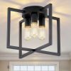 3-Light Ceiling Light Fixture, Black Semi-Flush Mount Chandelier with Geometric Metal Shade