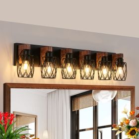 38" Industrial 6-Light Vanity Light – Black Cage with Wood Accents