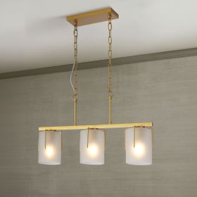Modern Gold 3-Light Linear Chandelier, E26 Base, Adjustable Height Pendant Light with Milky White Frosted Glass Shades