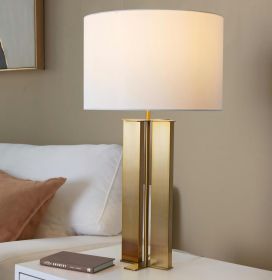 28" Metal Table Lamp in Antique Brass and White Linen Shade