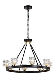 Matte Black & Gold Wagon Wheel Crystal Chandelier – Modern Farmhouse