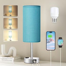 Turquoise Nightstand Table Lamp for Bedroom - 3 Way Dimmable Touch Lamp USB A and C Charging Ports and AC Outlet