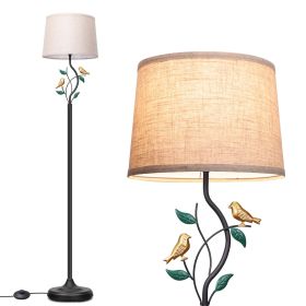 Dimmable Floor Lamp with Shade;  Modern Farmhouse Floor Lamp;  Rustic Floor Standing Lamp with Leaves & Birds Design;  Floor Stand up Lamp for Li