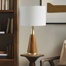 26" Mid-Century Triangular Wood Table Lamp with Gold Accents & White Linen Shade