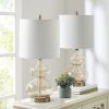 25" Curved Glass Table Lamps Set of 2 with Gold Accents & White Fabric Shades