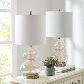 25" Curved Glass Table Lamps Set of 2 with Gold Accents & White Fabric Shades