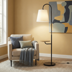 Seoul Black Floor Lamp with Wood Table – Metal Base & Rotary Switch