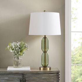 26.5" Faceted Green Glass Table Lamp with Gold Accents & White Fabric Shade