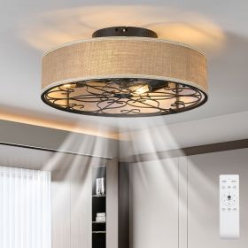 20" Farmhouse Caged Ceiling Fan with Light – Low Profile Flush Mount with Remote
