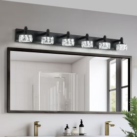 Modern 6-Light Matte Black LED Vanity Light with Crystal Glass Shades