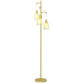 3-Light Gold Industrial Floor Lamp with Hanging Wire Shades – Dimmable Standing Lamp