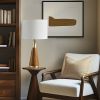 26" Mid-Century Triangular Wood Table Lamp with Gold Accents & White Linen Shade