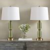 26.5" Faceted Green Glass Table Lamp with Gold Accents & White Fabric Shade
