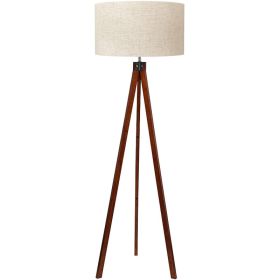Mid-Century Modern Tripod Floor Lamp – Rubberwood Base with Linen Shade (Option: Light brown)