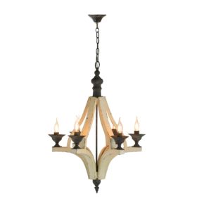 6-Light Wood Chandelier – Adjustable Chain Farmhouse Dining & Kitchen Fixture (Option: Cream)