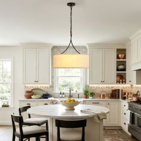 Modern 3-Light Black Fabric Drum Pendant – Adjustable Matte Black Chandelier (Option: Black)