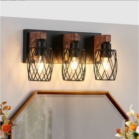 18-Inch Industrial Vintage 3-Light Wall Sconce – Black Cage Light with Wood Accents (Option: Walnut and black)