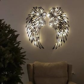 Carved Metal Angel Wings Wall Décor with Light – Illuminated Wall Art (Color: Black with light, size: 45cm)