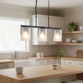Minimalist 3-Light Linear Chandelier, Matte Black Pendant Lighting with Frosted Glass Shades (Material: Glass+Iron, Color: Black)