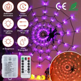 1Pc 3.28FT Spider Web Light with Hairy Spider 70LED Battery Powered Remote Control 8 Lighting Modes Glowing Outdoor Indoor Wall Halloween Decorat (Light Color: Purple Light)