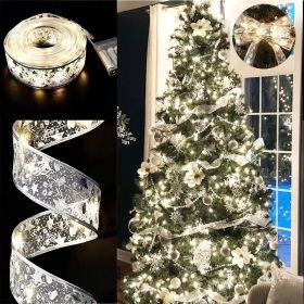 100 LED Christmas Tree Ribbon Lights – 32FT Battery Operated (Color: Silvery Ribbon-Warm colour)