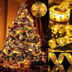 100 LED Christmas Tree Ribbon Lights – 32FT Battery Operated (Color: Golden Ribbon-Warm colour)