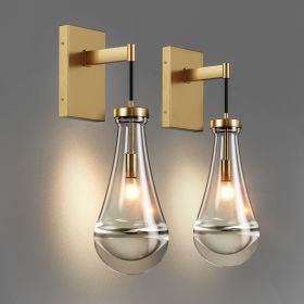 Wall Sconces Set of Two, Brass Modern Raindrop Glass Sconces Wall Lighting, Gold Wall Light Fixtures Indoor Wall Light (Color: Gold, Material: Iron)